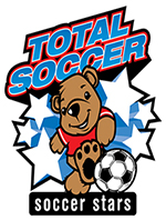 A bear with a soccer ball and stars around him.